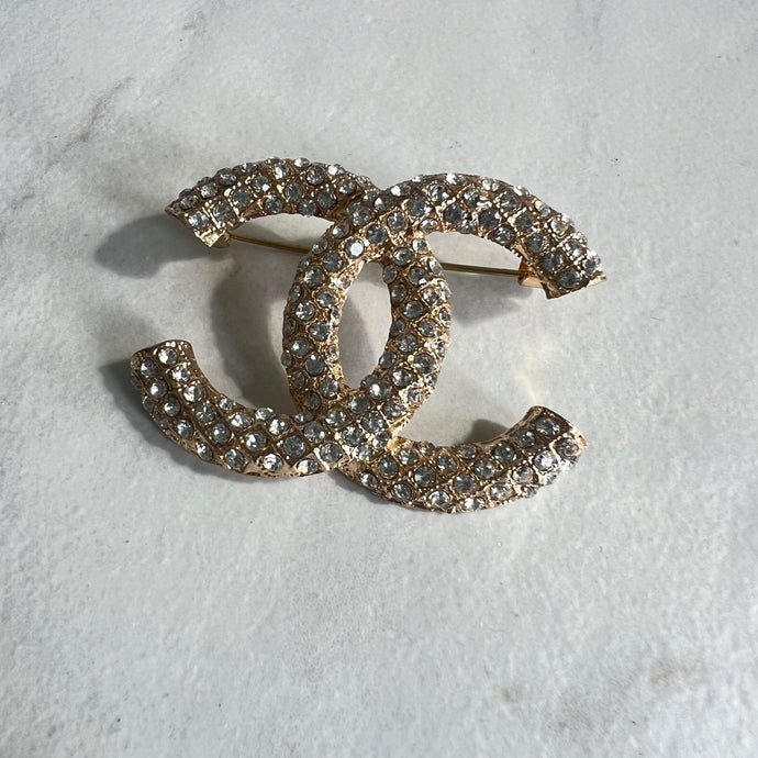Large Gold CC Diamanté Brooch