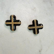 Load image into Gallery viewer, Black &amp; Gold Enamel Cross Earrings