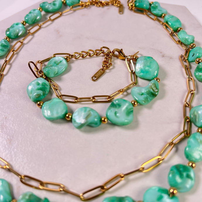 Green Stone Double Chain Bracelet