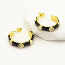 Load image into Gallery viewer, Black Studded Enamel Hoops