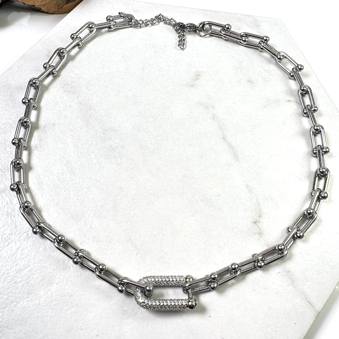 All Silver Diamanté Paperclip Necklace