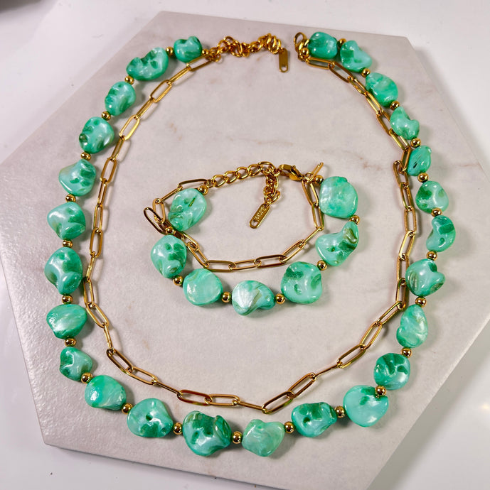Green Stone Double Chain Necklace