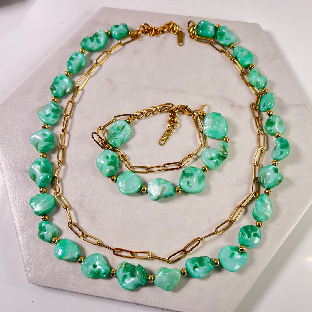 Green Stone Double Chain Necklace