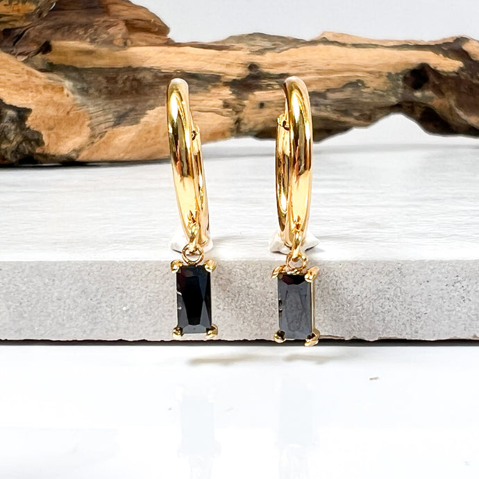 Gold Hoop with Black Baguette Drop