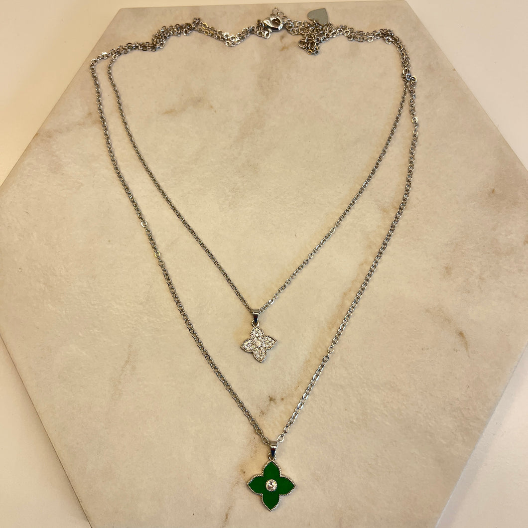 Green & Silver Double Blossom Necklace