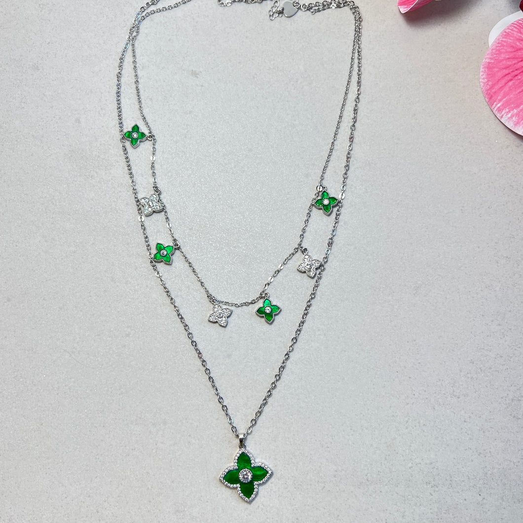 Double Layer Green & Silver Blossom Necklace