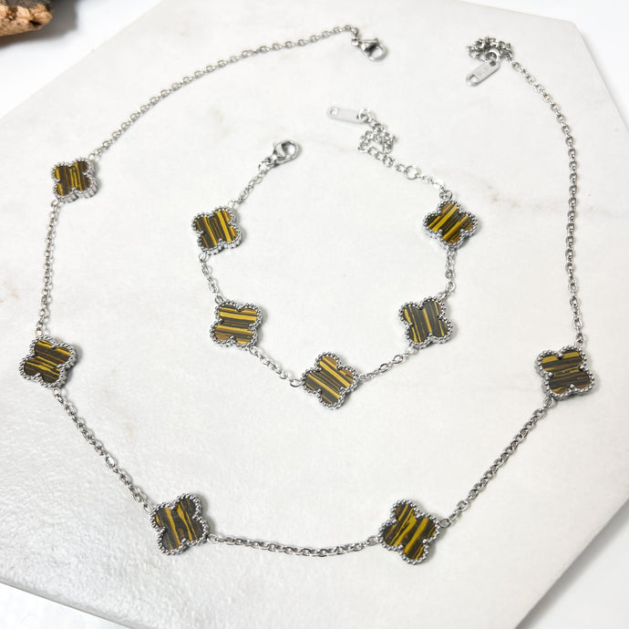 Silver Tiger Eye Clover Bracelet