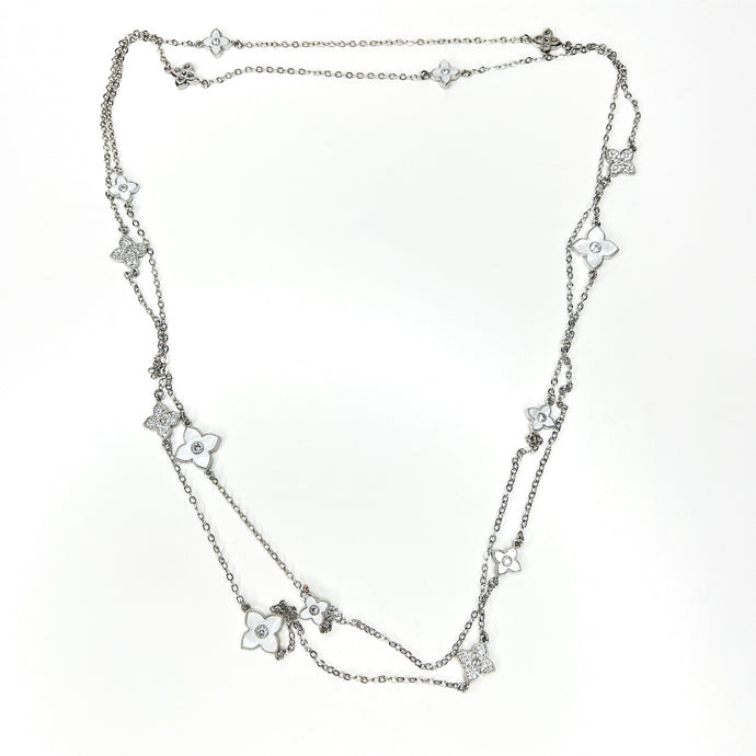 Extra Long Blossom Necklace in Silver & Pearl