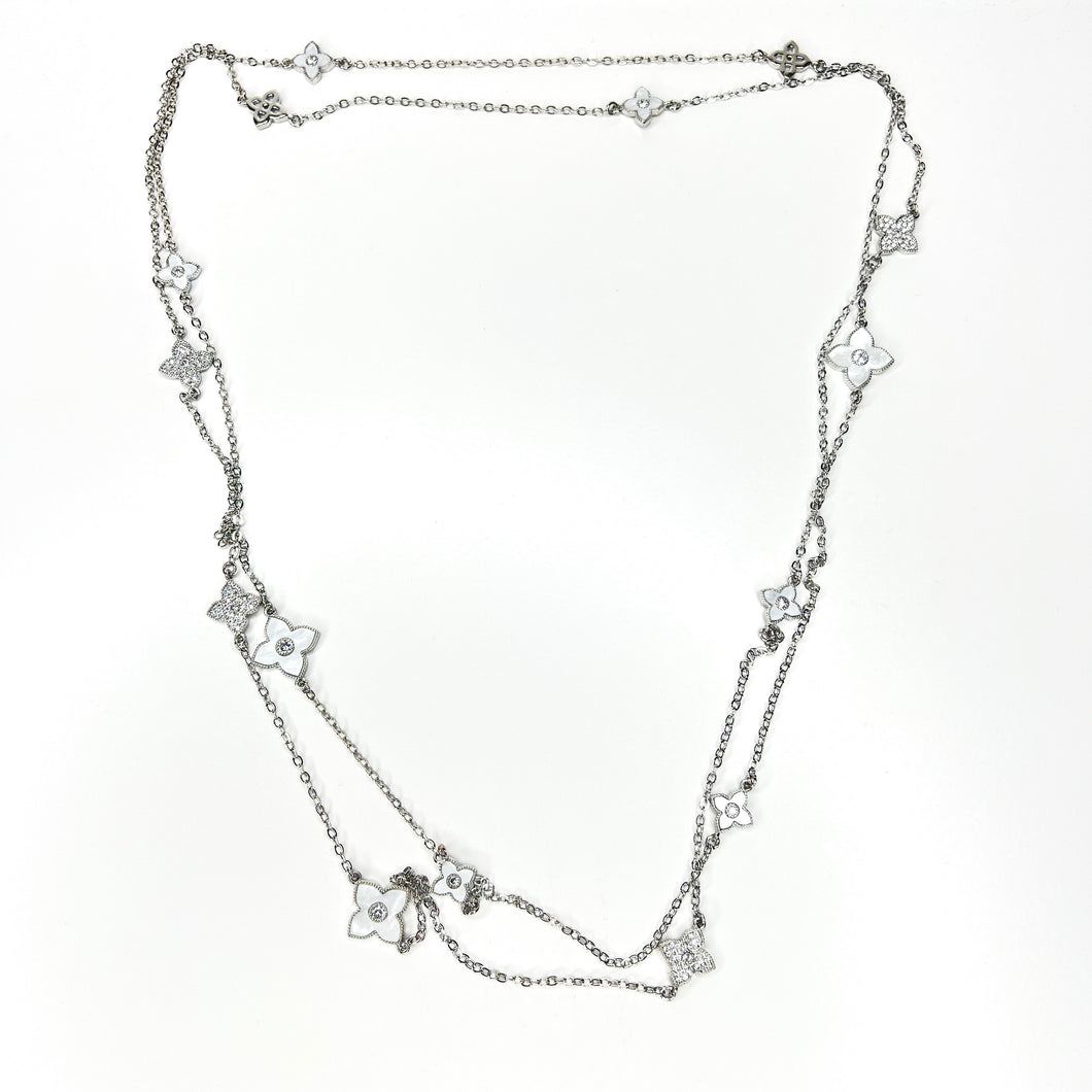 Extra Long Blossom Necklace in Silver & Pearl