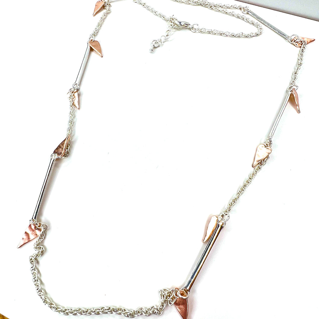 Versatile Long Silver & Rose Gold Elongated Hearts Necklace