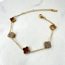 Load image into Gallery viewer, 9mm Tiger Eye &amp; Diamanté Clover Bracelet