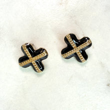 Load image into Gallery viewer, Black &amp; Gold Enamel Cross Earrings