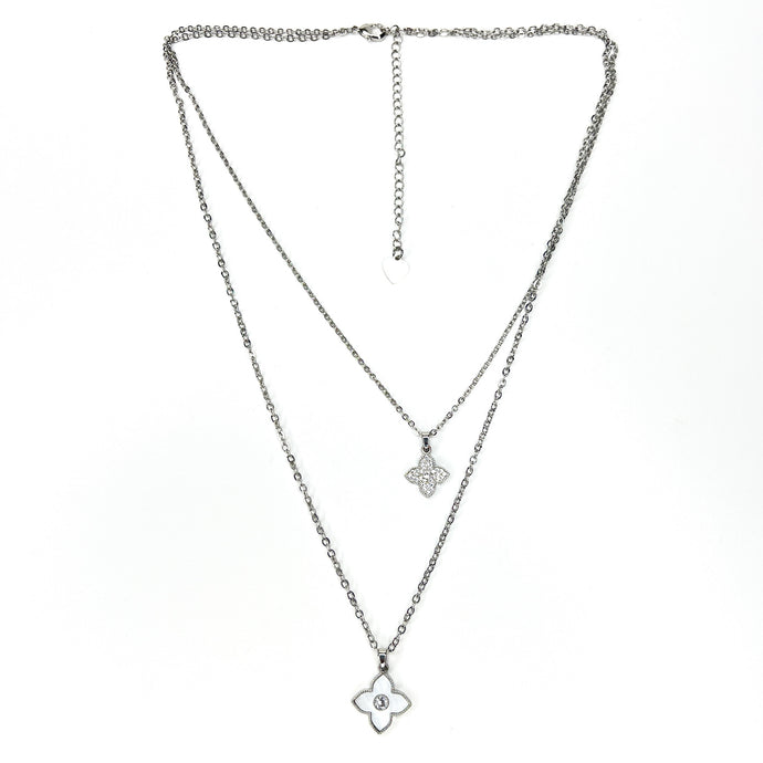 Double Blossom Necklace in Silver & Pearl