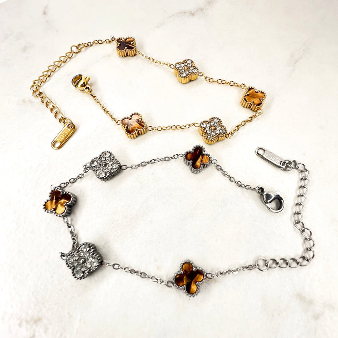 9mm Tiger Eye & Diamanté Clover Bracelet