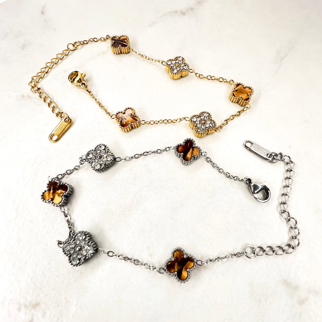 9mm Tiger Eye & Diamanté Clover Bracelet