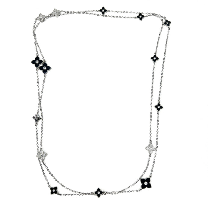 Extra Long Blossom Necklace in Black & Silver