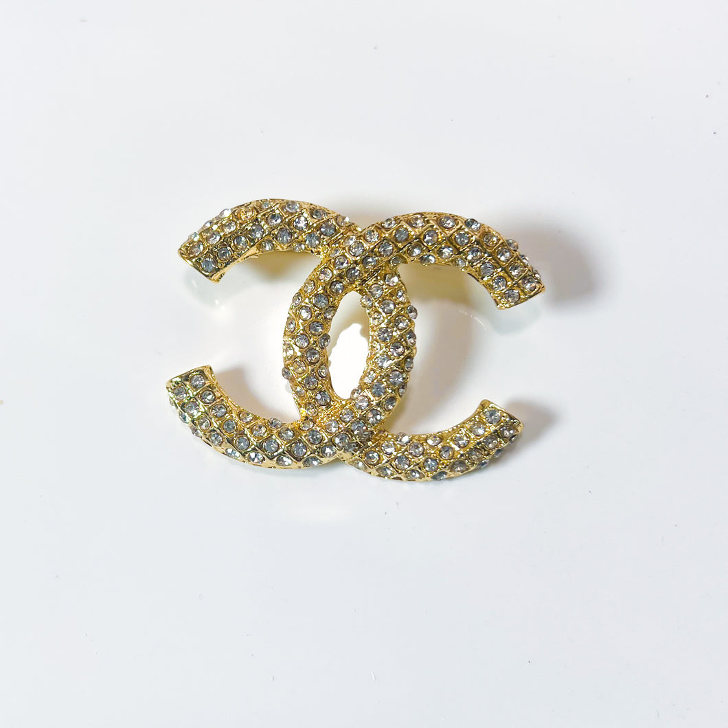 Large Gold CC Diamanté Brooch