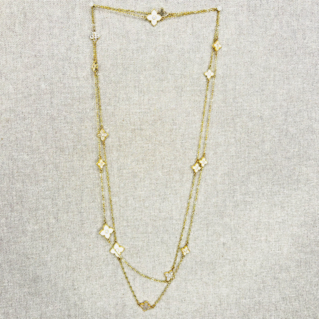 Extra Long Pearl and Gold Blossom Necklace