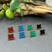 Load image into Gallery viewer, Crimped Edge Clover Studs in Pearl, Red, Blue,Green &amp; Black